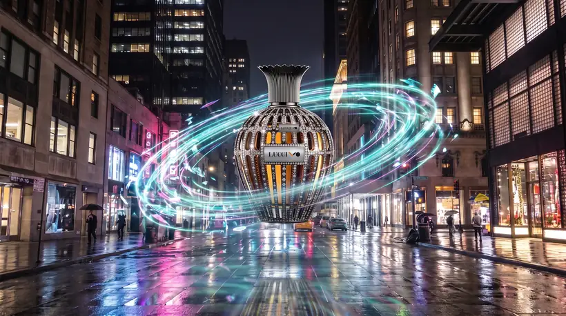The hovering flacon wrapped in cyan light filaments over a wet city square at night, passers-by stopping to photograph it on their phones